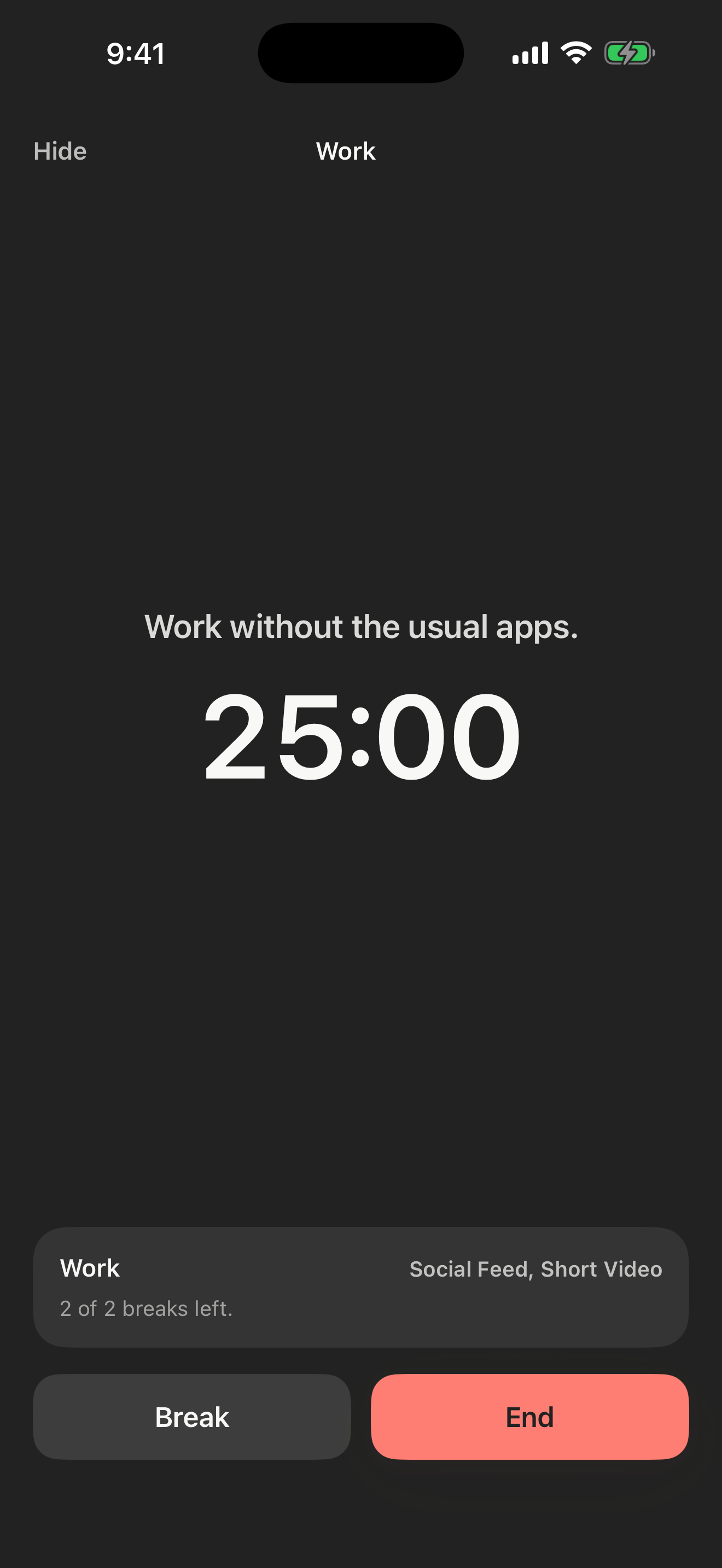 Daymark Work focus session with a 25-minute countdown and Break and End controls